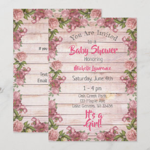 Invitation Baby shower Rustique Bois Rose Roses