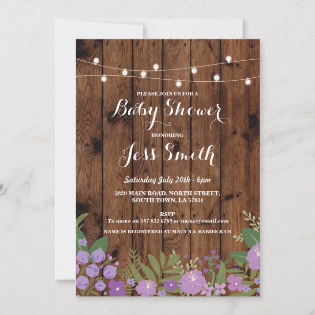 Invitation Baby shower Rustique Bois violet Floral Party Invi (Devant)