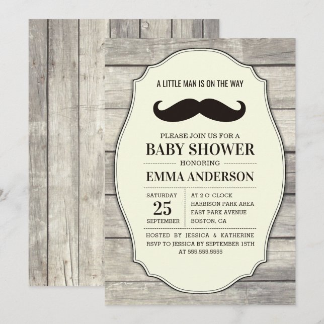 Invitation Baby shower Rustique Boy Boy - Moustach (Devant / Derrière)