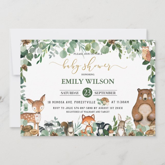 Invitation Baby shower rustique chic verdure Bois Animaux (Devant)