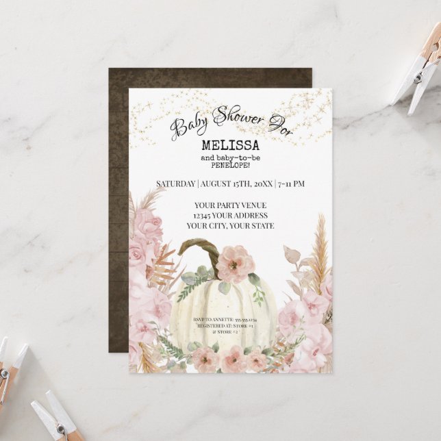Invitation Baby shower Rustique Citrouille Pampas Grass Rose  (Devant/Arrière en situation)