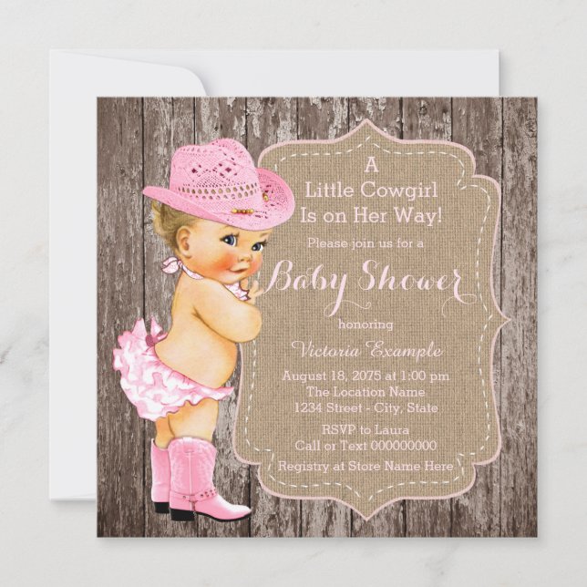 Invitation Baby shower rustique Cowgirl (Devant)