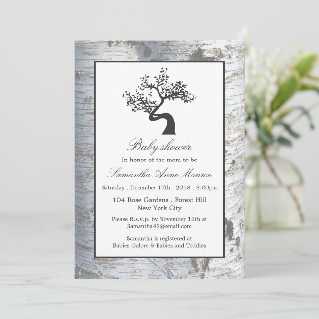 Invitation Baby shower rustique de bouleau argenté (Debout devant)