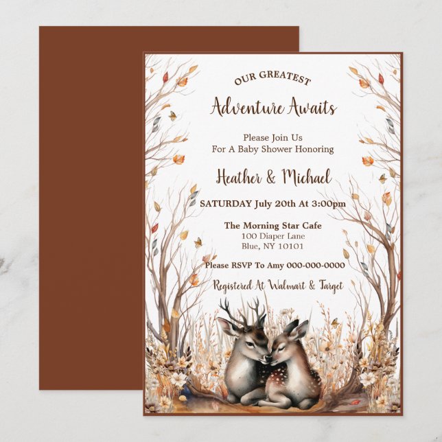 Invitation Baby shower rustique de cerfs de bois (Devant / Derrière)