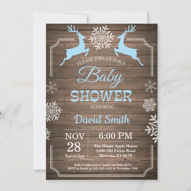 Invitation Baby shower rustique de Snowflake de cerfs d'hiver (Devant)