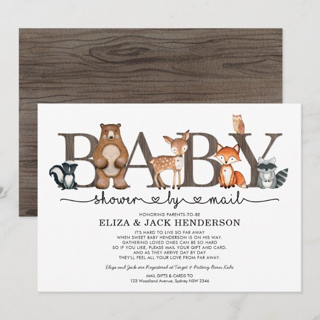 Invitation Baby shower Rustique Des Animaux De Bois Par Courr (Devant / Derrière)
