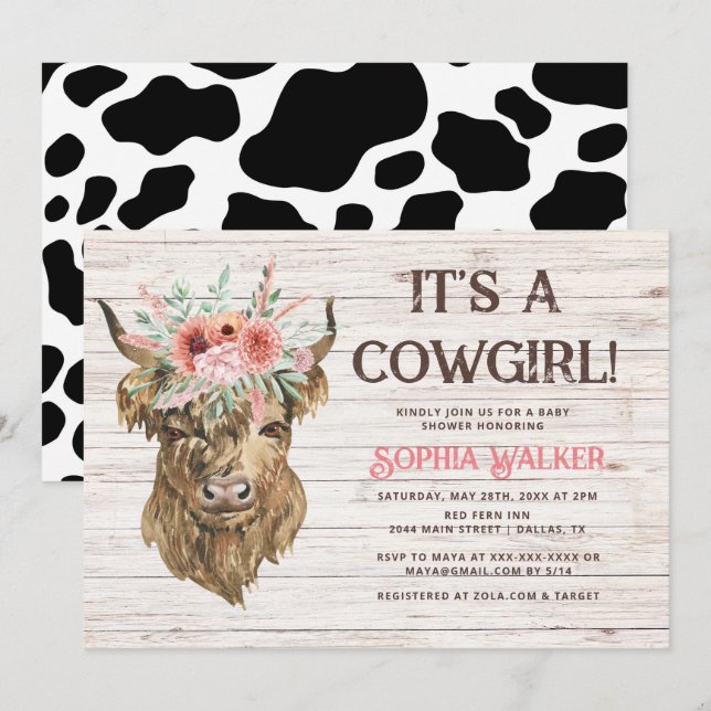 Invitation Baby shower rustique des filles de vache des Highl (Devant / Derrière)