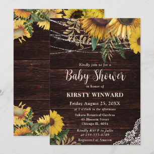 Invitation Baby shower rustique des lumières tournesol et cor