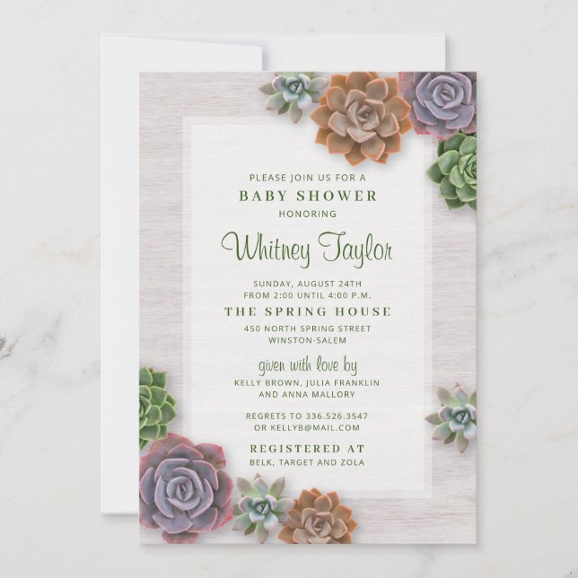 Invitation Baby shower rustique des succulents (Devant)