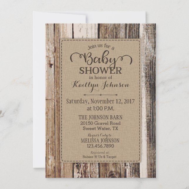 Invitation Baby shower rustique en bois de grange (Devant)