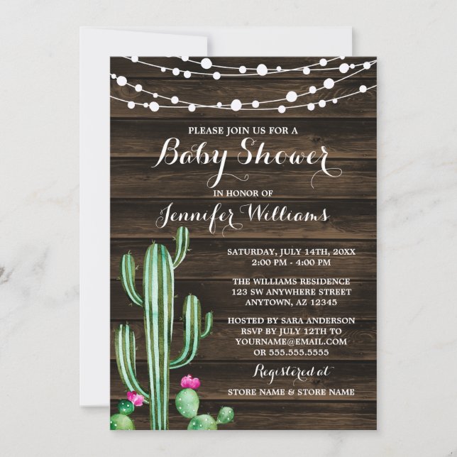 Invitation Baby shower rustique en bois de grange de cactus (Devant)