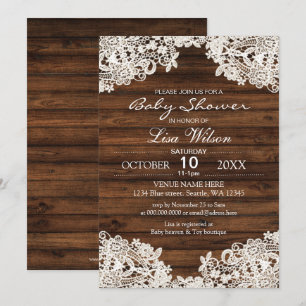 Invitation Baby shower rustique en bois de grange et dentelle