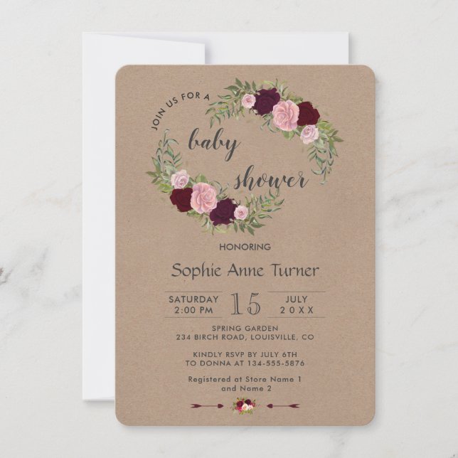 Invitation Baby shower Rustique Marsala Floral (Devant)