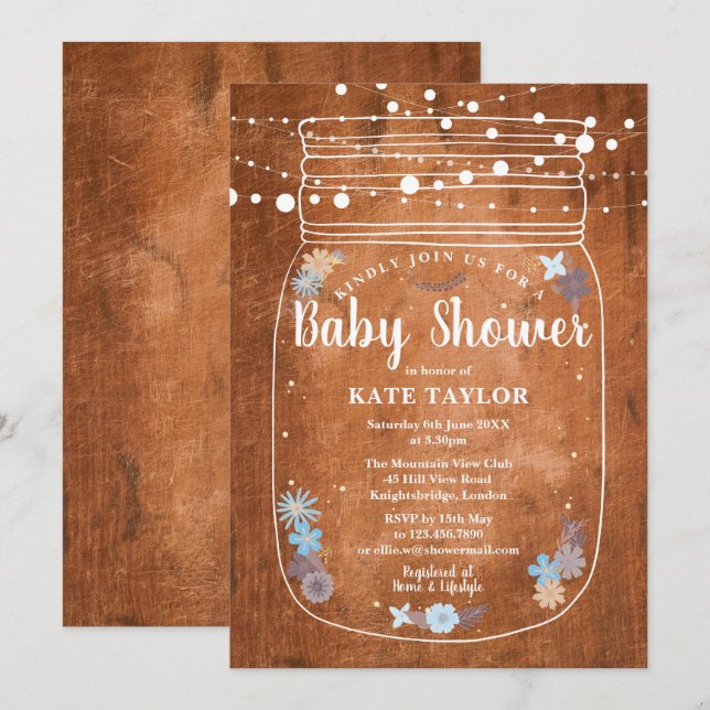 Invitation Baby shower rustique Mason Jar (Devant / Derrière)