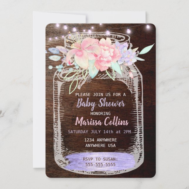 Invitation Baby shower rustique, Mason Jar illumine la flore  (Devant)