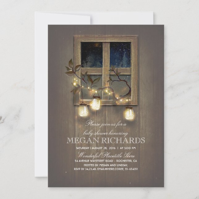 Invitation Baby shower rustique Mason Jar Twinkle Lights (Devant)