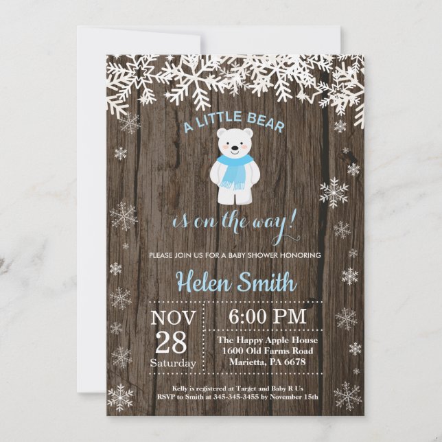 Invitation Baby shower Rustique Polar Bear Winter Boy (Devant)