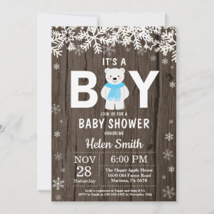 Invitation Baby shower Rustique Polar Bear Winter Boy