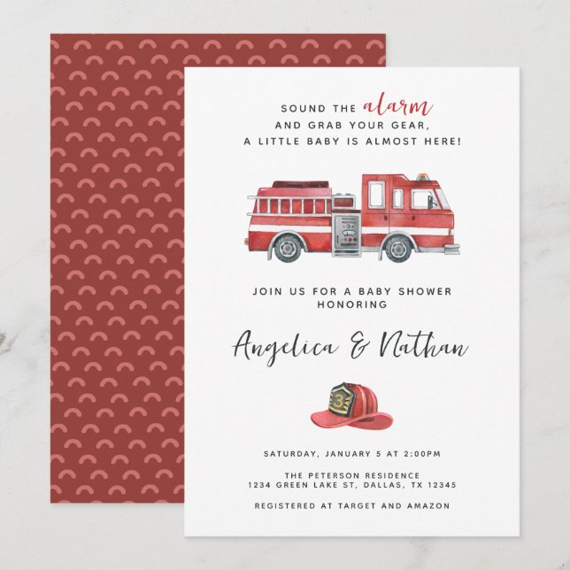Invitation Baby shower Rustique Red Firetruck (Devant / Derrière)