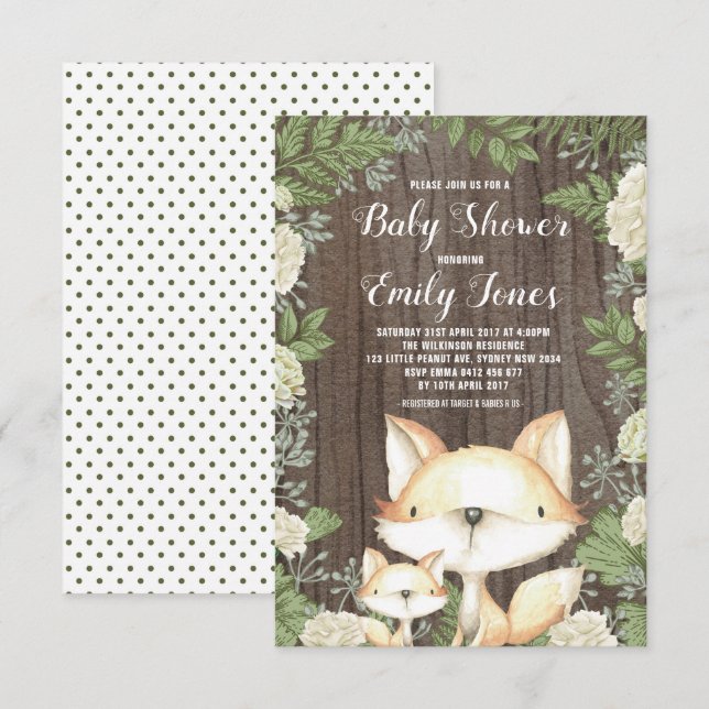 Invitation Baby shower rustique renard vert botanique (Devant / Derrière)