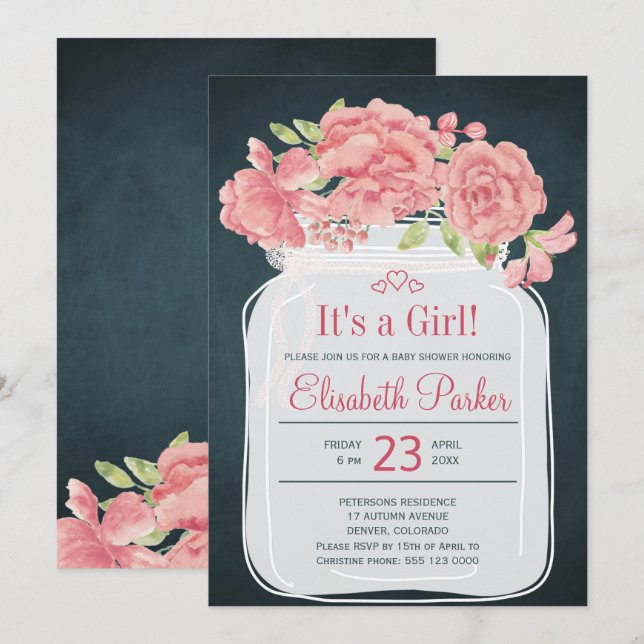 Invitation Baby shower rustique rose peony mason jarre marine (Devant / Derrière)