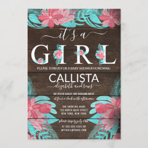 Invitation Baby shower Rustique rose Turquoise Floral Bois Gi