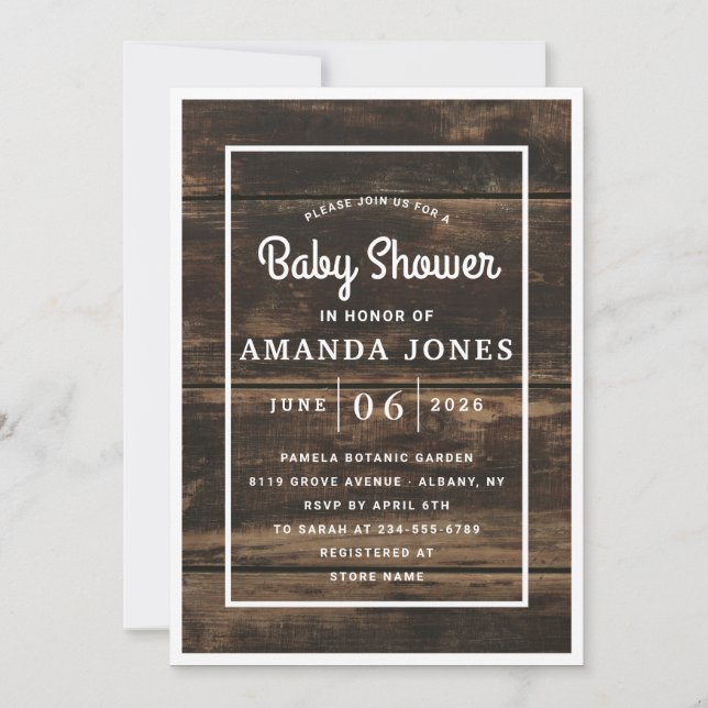 Invitation Baby shower rustique simple en bois d'écorce (Devant)