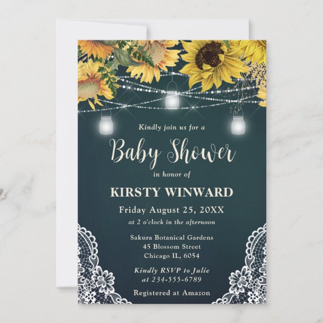 Invitation Baby shower rustique Sunflower & Mason Jar Lumière (Devant)