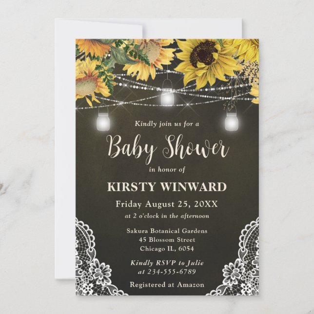 Invitation Baby shower rustique Sunflower & Mason Jar Lumière (Devant)