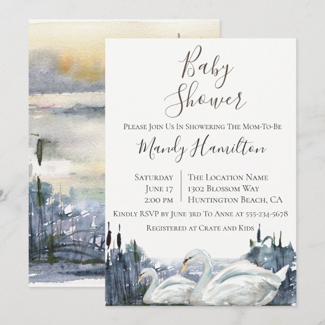 Invitation Baby shower Rustique Swan Lake (Devant / Derrière)