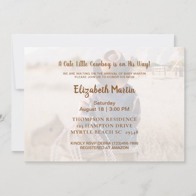 Invitation Baby shower rustique Western Cowboy (Devant)