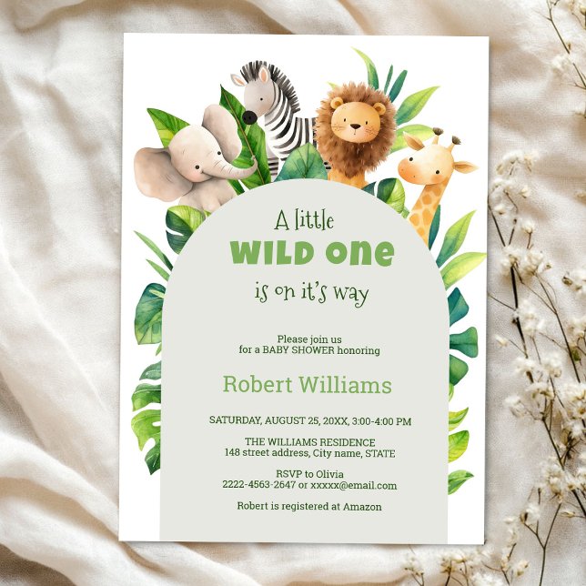 Invitation Baby shower Safari animal watercolor (Safari wild one baby shower invitation )
