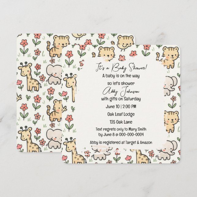 Invitation Baby shower Safari Animaux À Fleurs (Devant / Derrière)