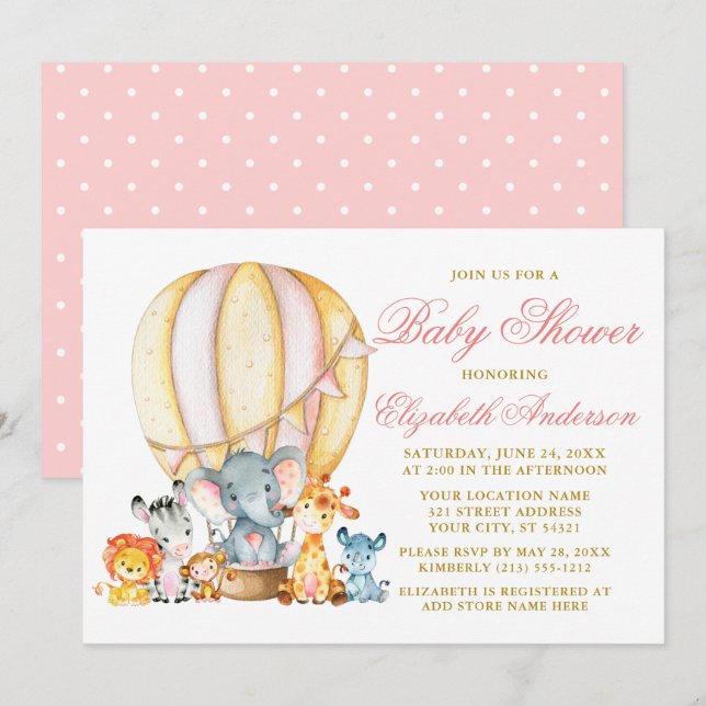 Invitation Baby shower Safari Animaux Balloon Rose (Devant / Derrière)