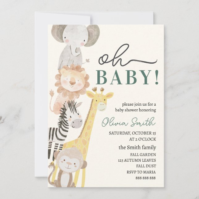 Invitation Baby shower Safari Animaux neutres selon le genre (Devant)