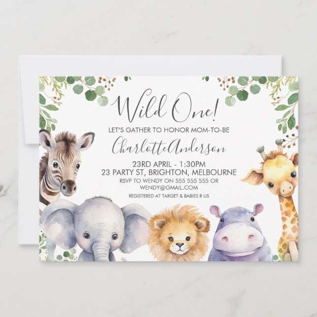 Invitation Baby shower Safari Animaux neutres selon le genre (Devant)