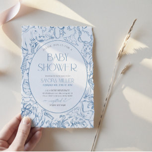 Invitation Baby Shower Safari Bleu Toile de Jouy