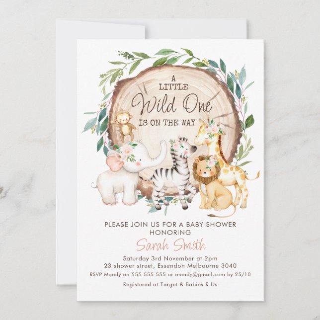 Invitation Baby shower Safari de feuillage floral en tranches (Devant)