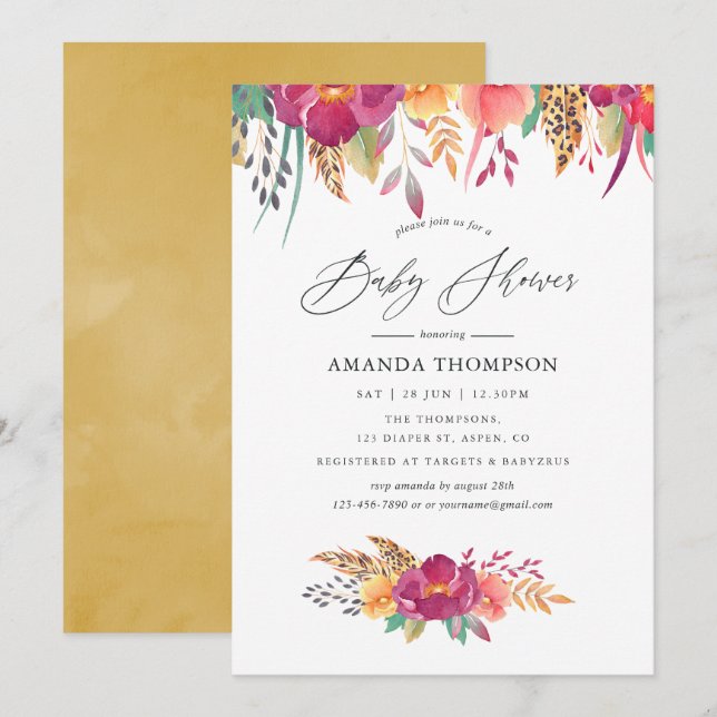 Invitation Baby shower Safari Floral Aquarelle (Devant / Derrière)