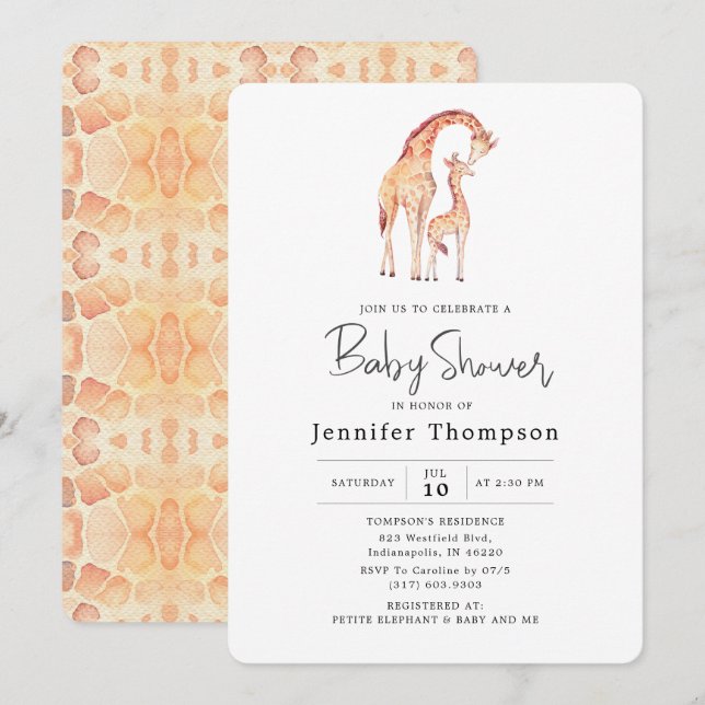 Invitation Baby shower Safari Giraffe (Devant / Derrière)