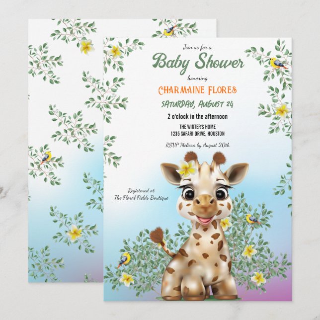 Invitation Baby shower Safari Giraffe (Devant / Derrière)
