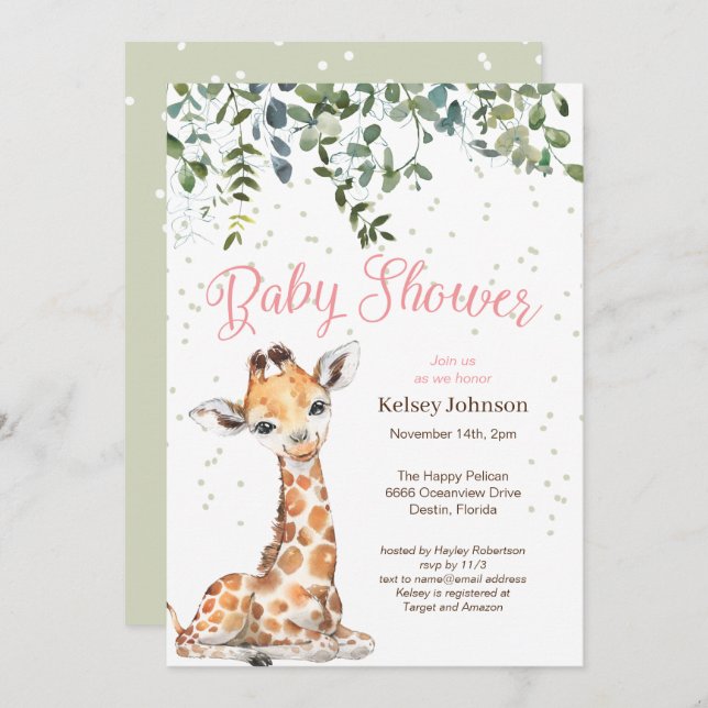 Invitation Baby shower Safari Giraffe Rose (Devant / Derrière)