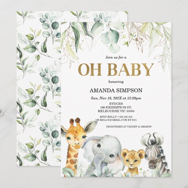 Invitation Baby shower Safari Gold Green Foliage (Devant / Derrière)
