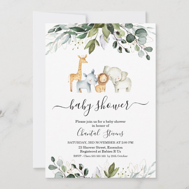 Invitation Baby shower Safari Green Gold Foliage (Devant)