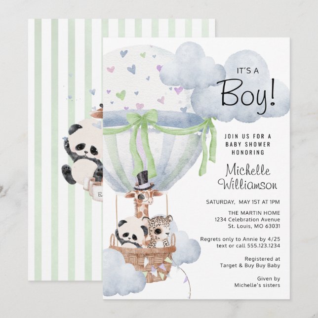 Invitation Baby shower Safari Hot Air Balloon (Devant / Derrière)