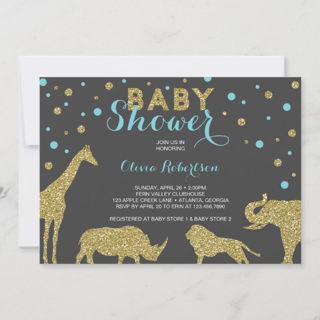 Invitation Baby shower Safari Invitation, Faux Gold, Aqua (Devant)