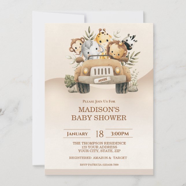 Invitation Baby shower Safari Jungle Animaux (Devant)