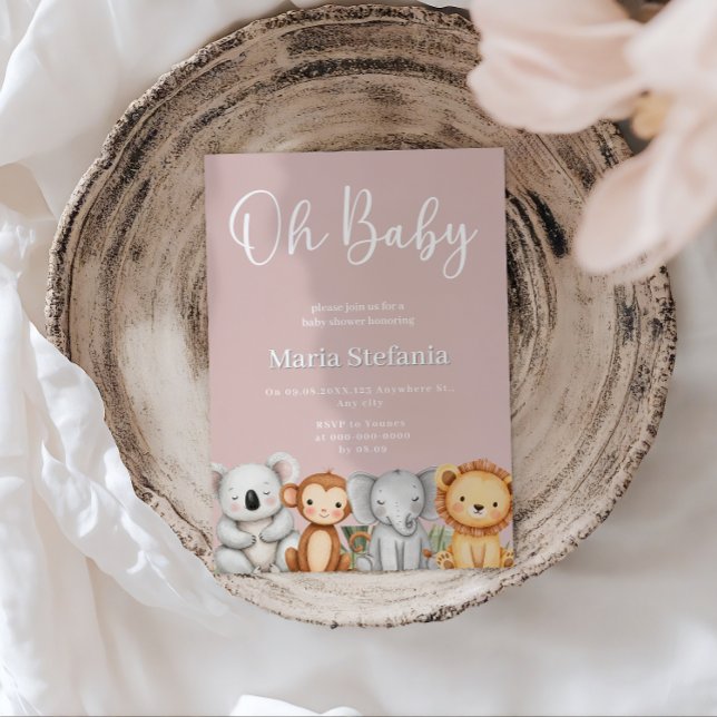 Invitation Baby shower Safari Jungle Tropicale Rose Animaux (Créateur téléchargé)