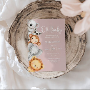 Invitation Baby shower Safari Jungle Tropicale Rose Animaux