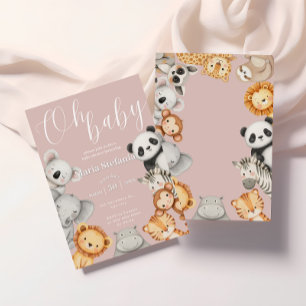 Invitation Baby shower Safari Jungle Tropicale Rose Animaux